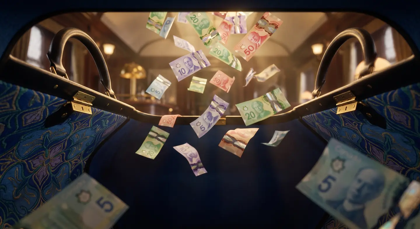 Billets canadiens tombant dans la valise ouverte de la campagne 50/50