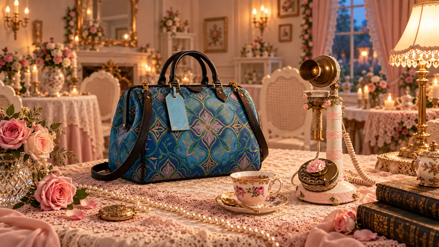 Valise fleurie dans un décor inspiré du salon de thé Lady Porcelaine